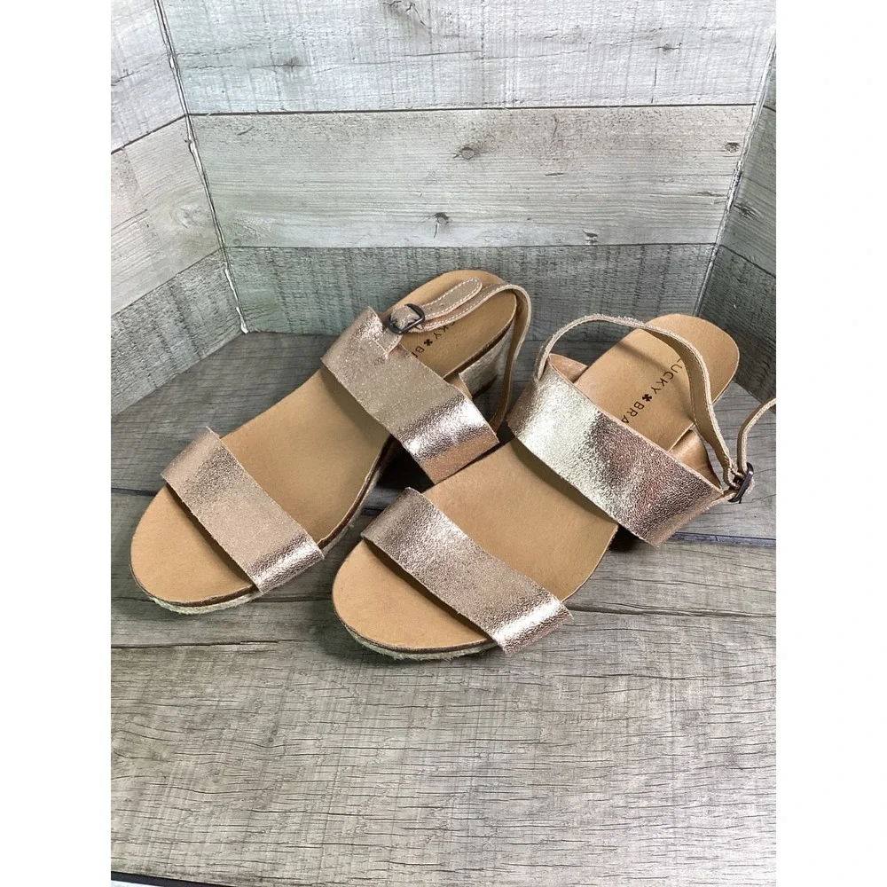 Lucky Brand Jette Rose Gold Metallic Leather Espadrille Wedge Sandals 8.5M